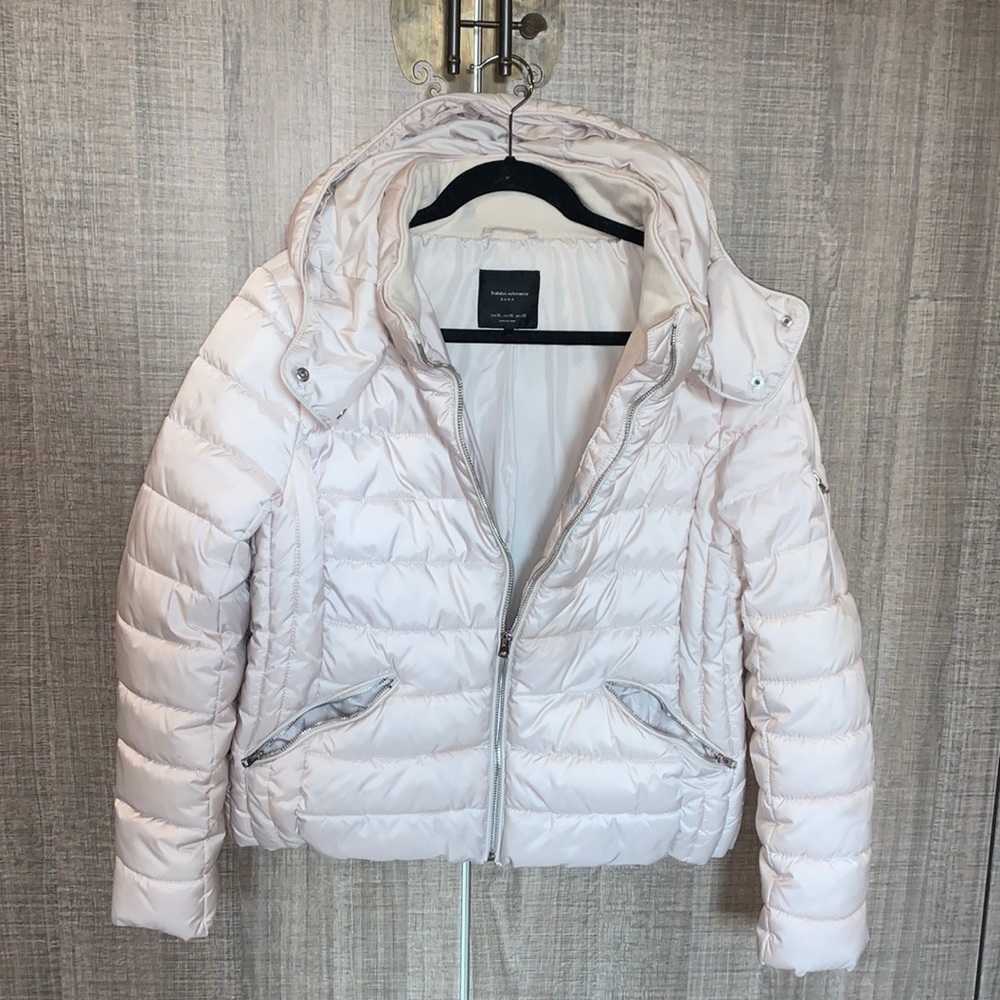 ZARA Trafaluc Cream White Winter Jacket with Detachable Hood